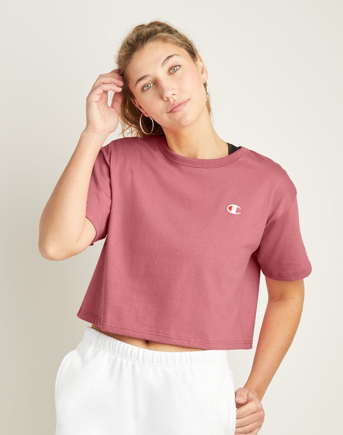 Champion Dame T-Shirts Koral - Heritage Cropped C Logo - Danmark EOY-248369